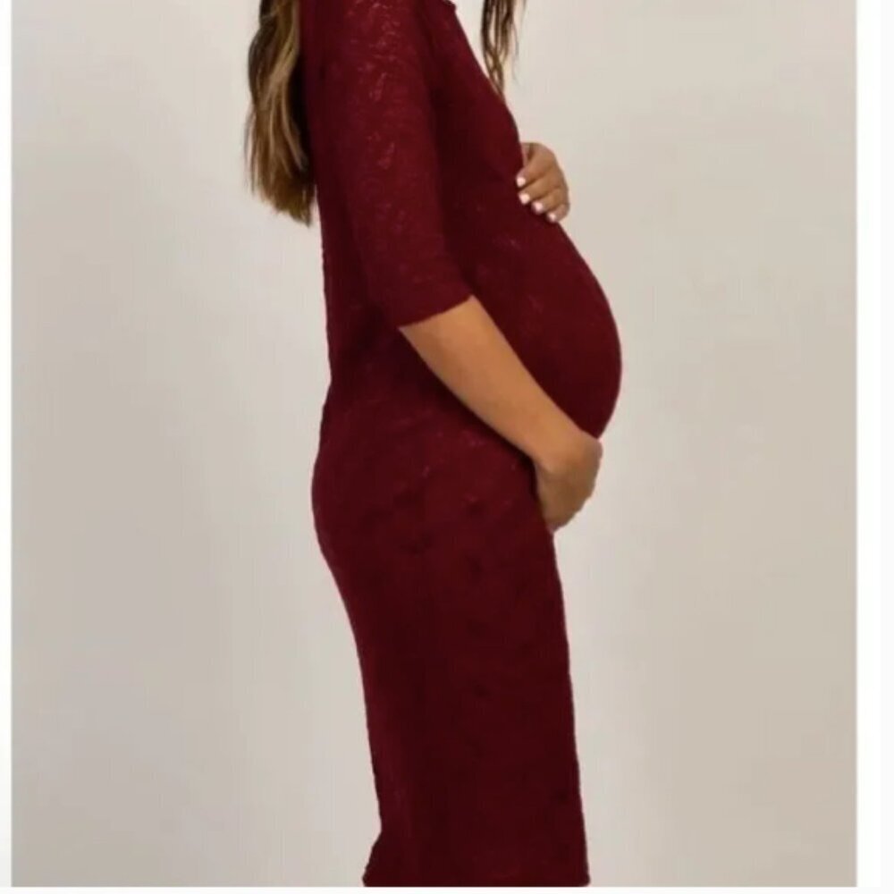 NWT Pinkblush Maternity Ruched Lace Dress Burgundy - Picture 2 of 10